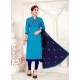 Blue Glass Cotton Embroidered Churidar Suit