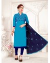 Blue Glass Cotton Embroidered Churidar Suit