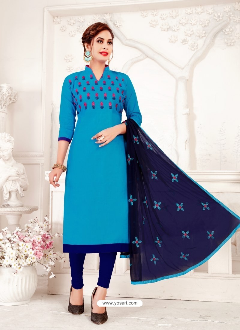 Buy Blue Glass Cotton Embroidered Churidar Suit | Churidar Salwar Suits