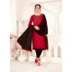 Red And Black Glass Cotton Embroidered Churidar Suit
