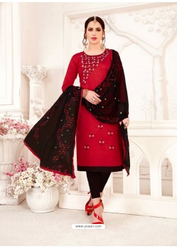 Red And Black Glass Cotton Embroidered Churidar Suit
