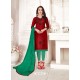 Maroon And Green Glass Cotton Embroidered Churidar Suit