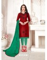 Maroon And Green Glass Cotton Embroidered Churidar Suit