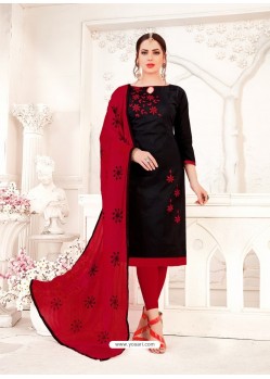 Black And Red Glass Cotton Embroidered Churidar Suit