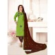 Green And Coffee Glass Cotton Embroidered Churidar Suit