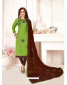 Green And Coffee Glass Cotton Embroidered Churidar Suit