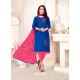 Royal Blue And Rani Glass Cotton Embroidered Churidar Suit