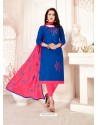 Royal Blue And Rani Glass Cotton Embroidered Churidar Suit