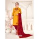Mustard And Red Glass Cotton Embroidered Churidar Suit