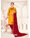 Mustard And Red Glass Cotton Embroidered Churidar Suit