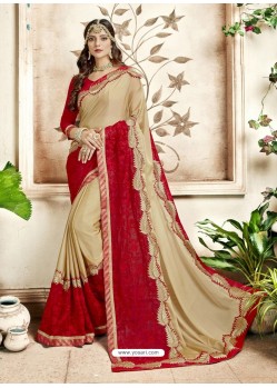 Beige And Red Georgette Heavy Embroidered Designer Saree