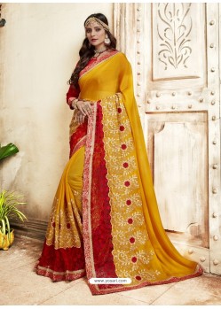 Yellow Georgette Heavy Embroidered Designer Saree