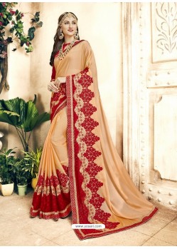 Light Orange Georgette Heavy Embroidered Designer Saree