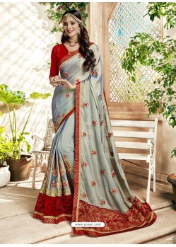 Grey Georgette Heavy Embroidered Designer Saree