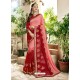 Peach And Red Georgette Heavy Embroidered Designer Saree