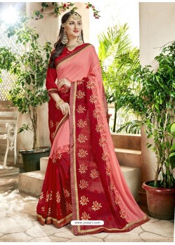 Peach And Red Georgette Heavy Embroidered Designer Saree