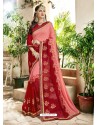 Peach And Red Georgette Heavy Embroidered Designer Saree