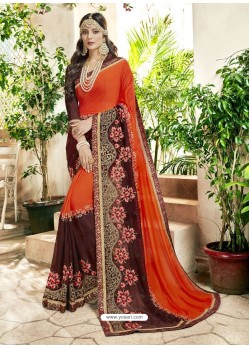 Tomato Red Georgette Heavy Embroidered Designer Saree