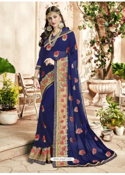 Navy Blue Georgette Heavy Embroidered Designer Saree