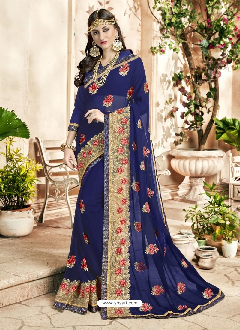 Buy Navy Blue Georgette Heavy Embroidered Designer Saree | Designer Sarees