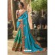 Turquoise And Green Crepe Silk Thread Embroidered Wedding Saree