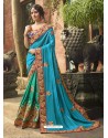 Turquoise And Green Crepe Silk Thread Embroidered Wedding Saree