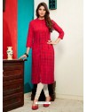 Red Heavy Rayon Katha Worked Readymade Kurti