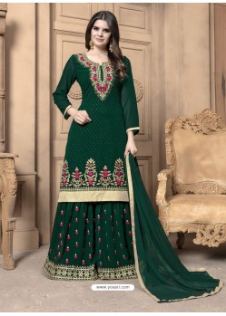 Dark Green Faux Georgette Embroidered Palazzo Suit