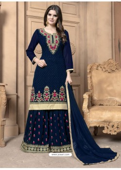 Navy Blue Faux Georgette Embroidered Palazzo Suit