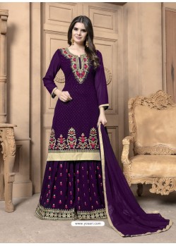 Purple Faux Georgette Embroidered Palazzo Suit