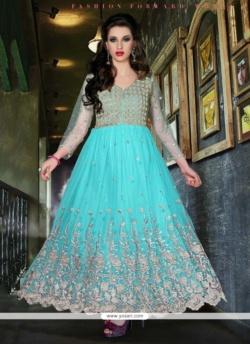 Turquoise Blue Net Embroidery Work Anarkali Suit