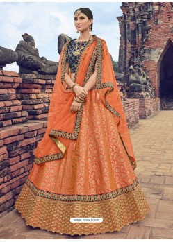 Orange Jacquard Silk Thread Embroidered Designer Lehenga Choli