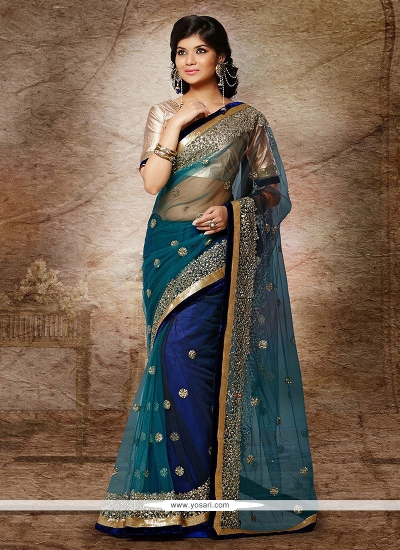 Splendid Blue And Teal Net Designer Saree