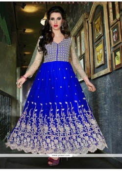 Flashy Blue Embroidery Work Net Anarkali Suit