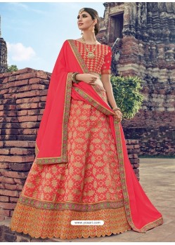 Dark Peach Jacquard Silk Thread Embroidered Designer Lehenga Choli