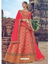 Dark Peach Jacquard Silk Thread Embroidered Designer Lehenga Choli