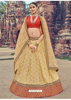 Cream And Orange Jacquard Silk Thread Embroidered Designer Lehenga Choli