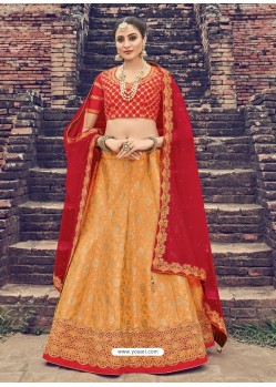 Red And Orange Jacquard Silk Thread Embroidered Designer Lehenga Choli