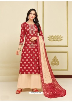 Red And Cream Printed Heavy Chanderi Palazzo Suit