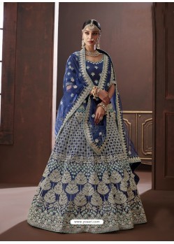 Navy Blue Apple Silk Stone Embroidered Designer Lehenga Choli