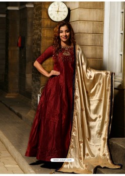 Maroon Silk Hand Worked Designer Gown Suit