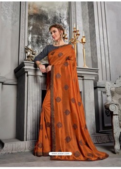 Orange Jacquard Silk Embroidered Saree