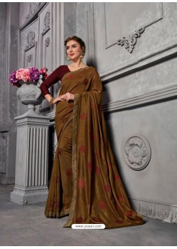 Brown Jacquard Silk Embroidered Saree