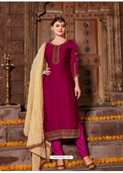 Maroon Satin Georgette Stone Embroidered Straight Suit