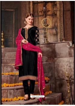 Black Satin Georgette Stone Embroidered Straight Suit