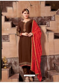 Coffee Satin Georgette Stone Embroidered Straight Suit