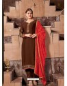 Coffee Satin Georgette Stone Embroidered Straight Suit