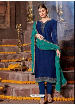 Navy Blue Satin Georgette Stone Embroidered Straight Suit