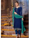 Navy Blue Satin Georgette Stone Embroidered Straight Suit