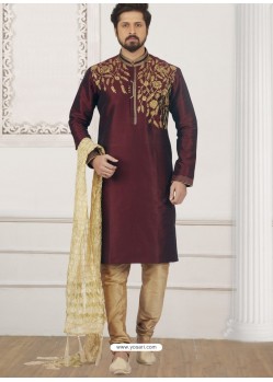 Wine Art Banarasi Silk Embroidered Kurta Pajama